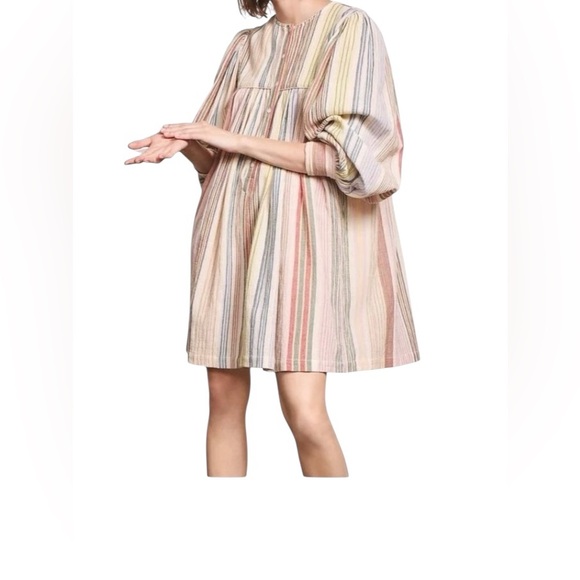 Antik Batik Casey Cotton Gauze Stripe Long Sleeve Yoked Henley Dress - Picture 1 of 6